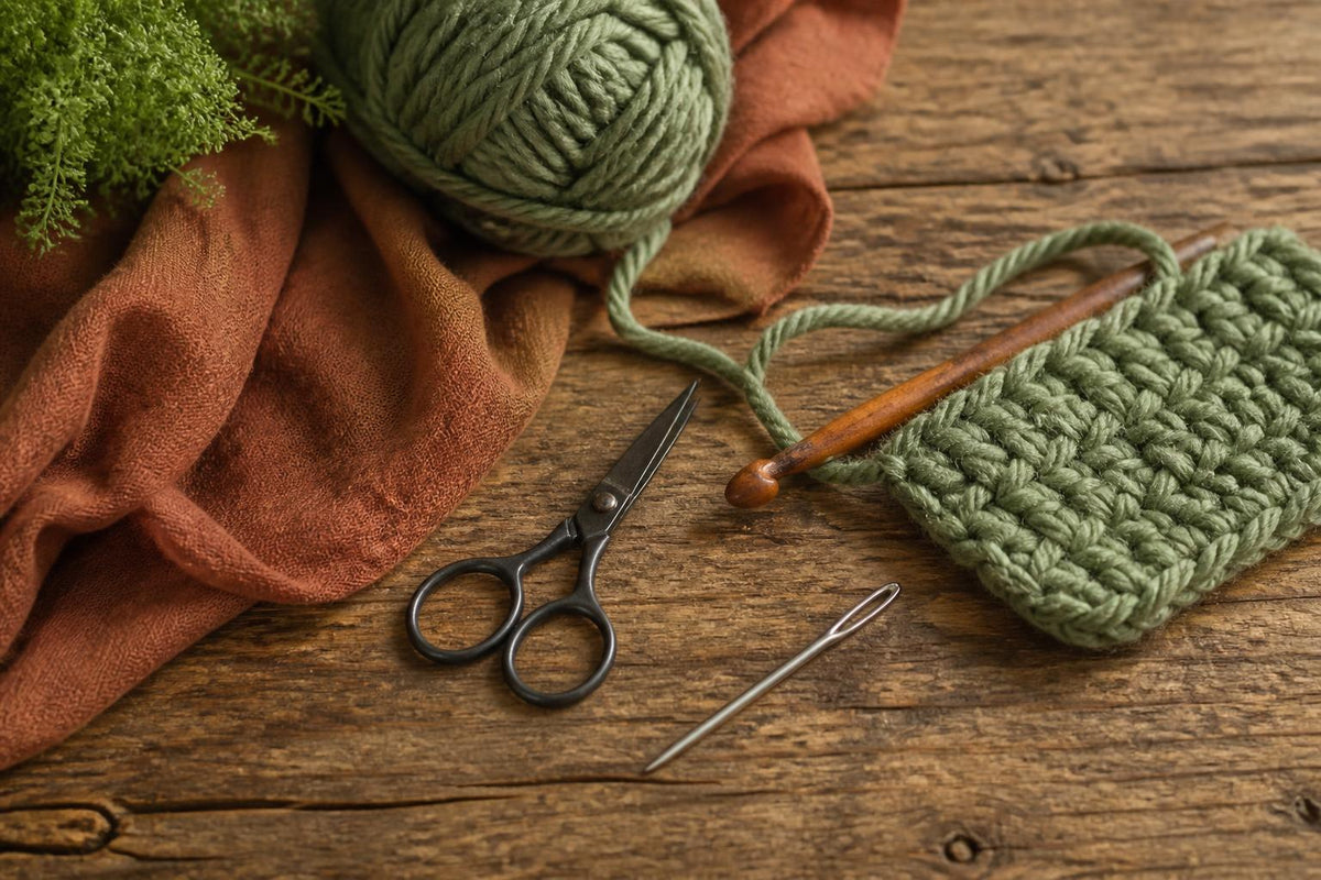 A crochet hook, a ball of yarn, small scissors and a yarn needle arranged neatly on a wooden surface