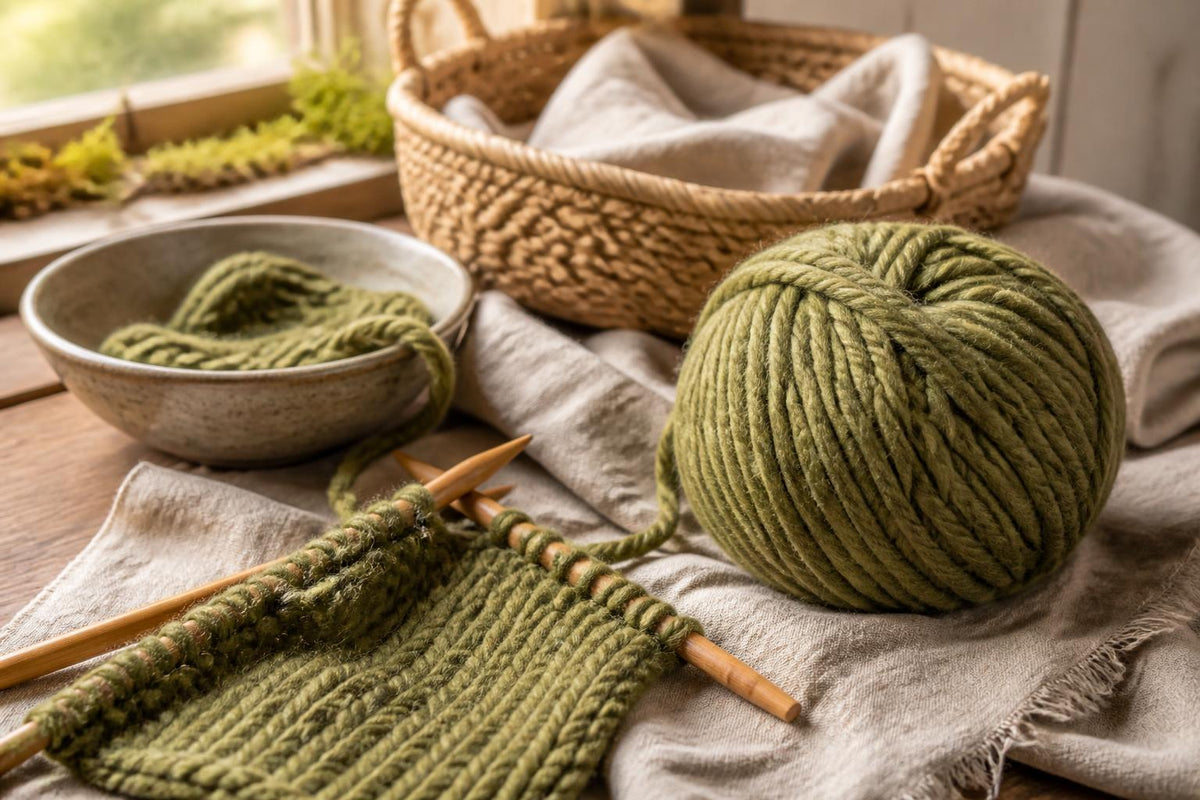 A variety of colorful yarn skeins arranged neatly on wooden shelves inside a bright shop