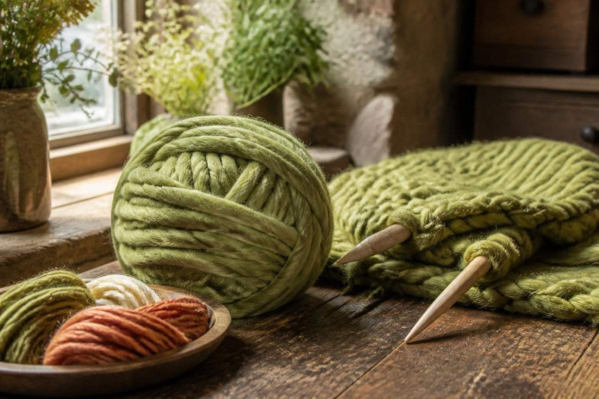 Close-up of several skeins of thick, textured yarn in neutral tones arranged on a wooden surface