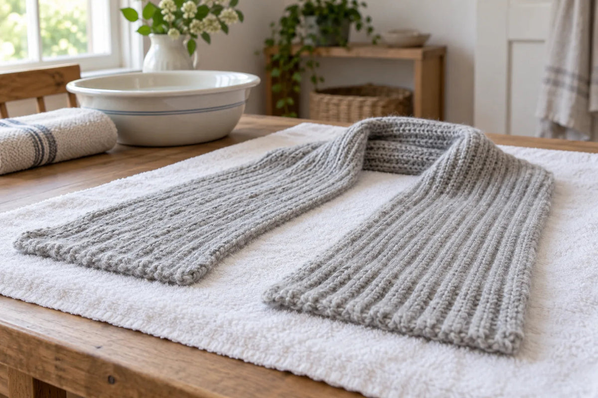 A pale grey knitted scarf laid flat on a white towel beside a wash basin.