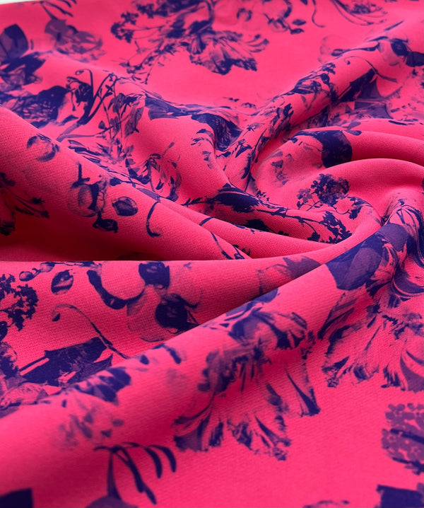 Hot Pink Purple Floral Compact Crepe Fabric 2 Way Stretch