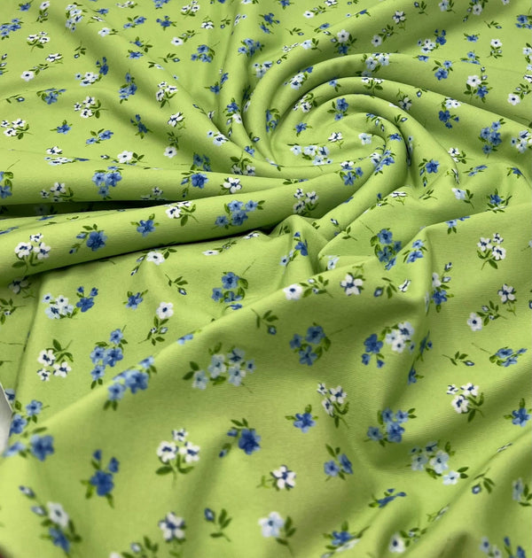 Bright Green Ditsy Floral Print Spun Poly Stretch Fabric