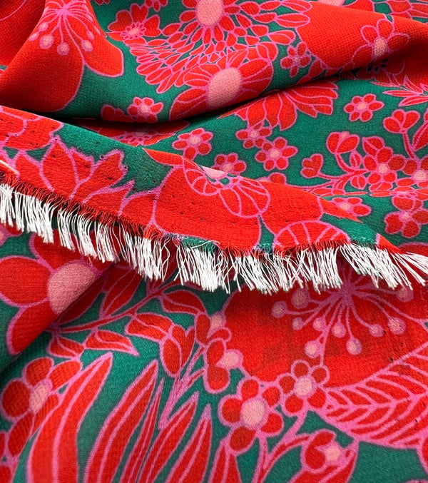 Red Green Floral Lightweight Crepe Fabric 110GSM Non Stretch