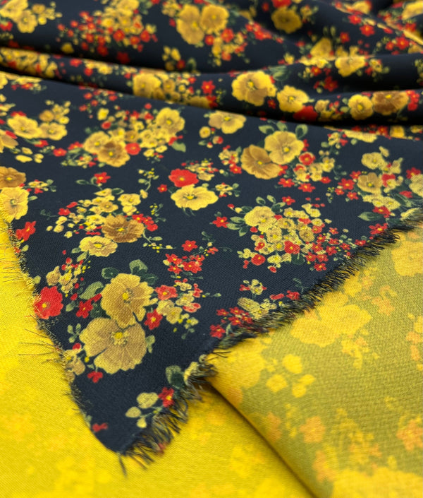 Yellow Ditsy Floral Lightweight Crepe Fabric 155GSM Non Stretch