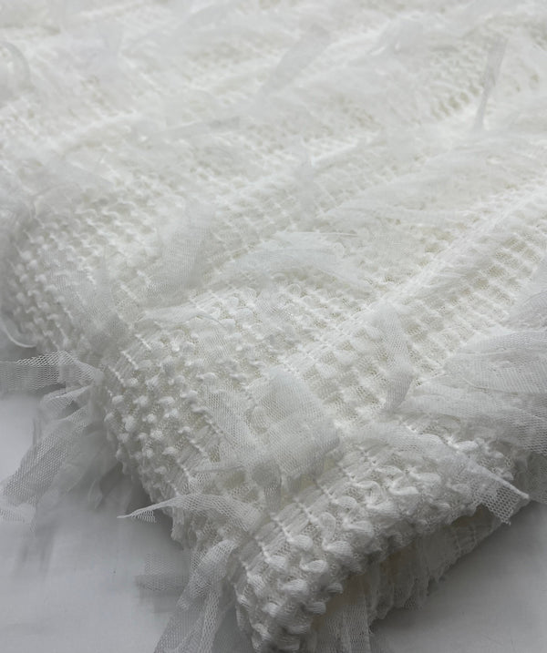 White Textured Mesh Tassel Fabric 2 Way Stretch