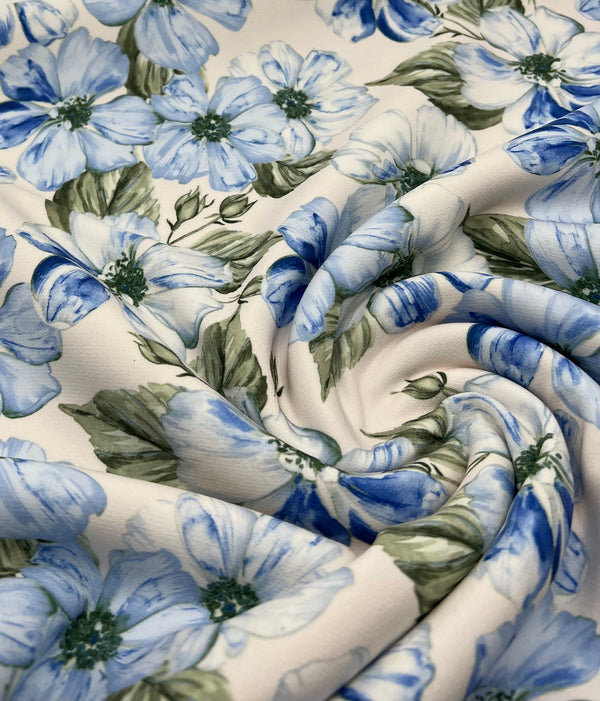 Ivory Blue Floral Compact Crepe Fabric 2 Way Stretch