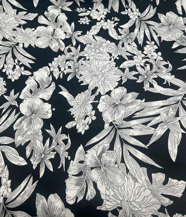Black White Floral Lightweight Fabric 70GSM Non Stretch