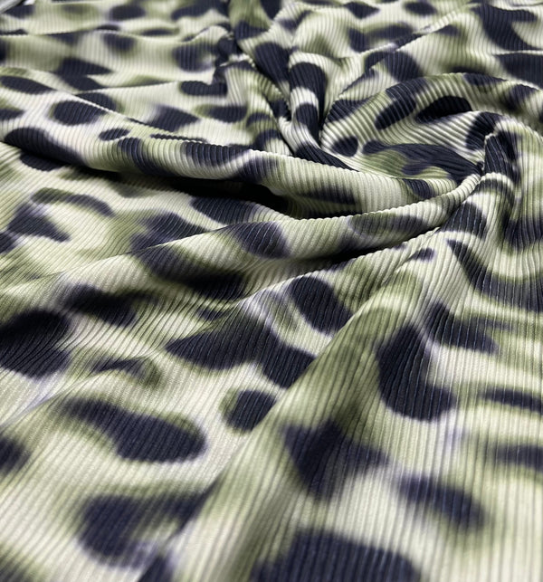 Green Animal Print Plisse Pleated Stretch Fabric