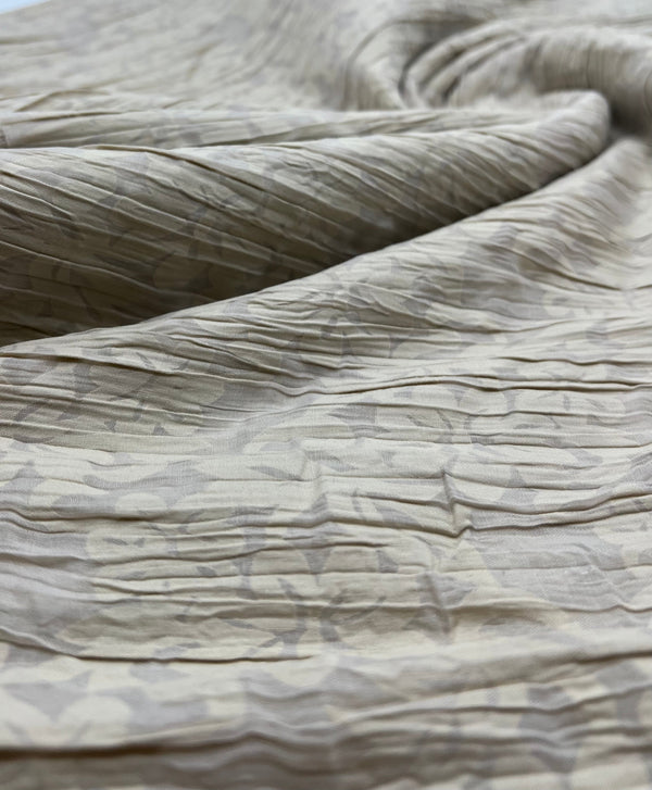 Beige Floral Crinkled Lightweight Non Stretch Woven Fabric