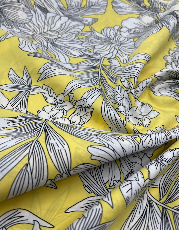 Yellow White Floral Lightweight Crepe Fabric 70GSM Non Stretch