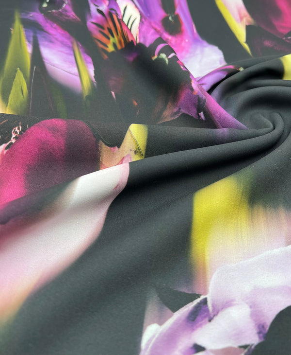 Black Purple Floral Lightweight Crepe Fabric 125GSM Non Stretch