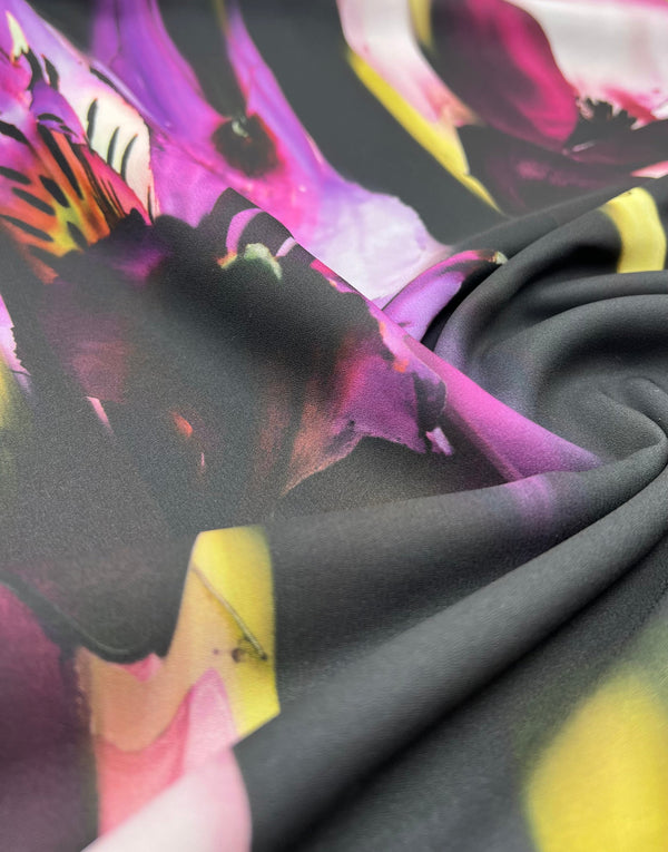 Black Purple Floral Lightweight Crepe Fabric 125GSM Non Stretch