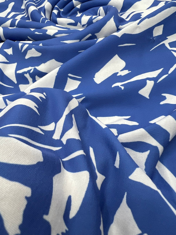 Blue White Mix Print Spun Poly Stretch Fabric