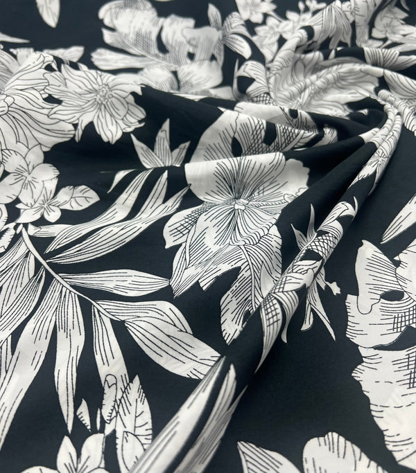 Black White Floral Lightweight Fabric 70GSM Non Stretch