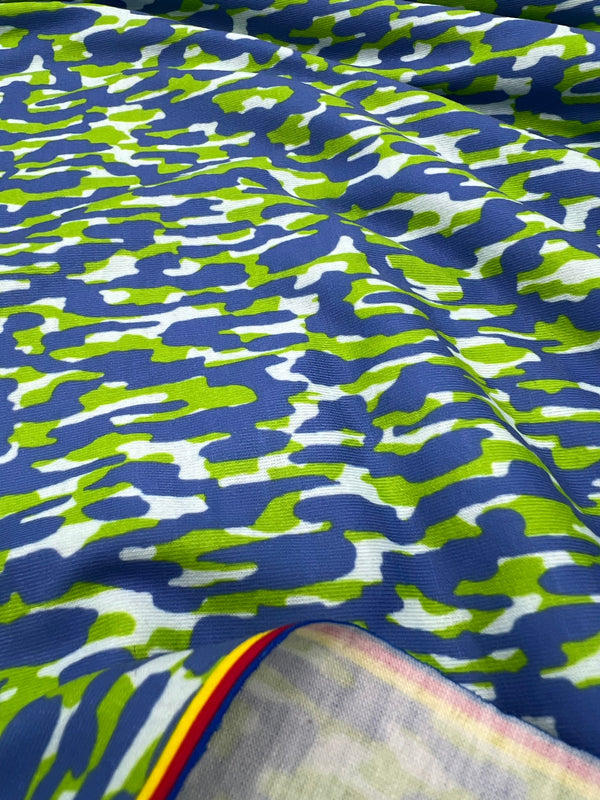 Blue Green Multi Mix Print Spun Poly Stretch Fabric