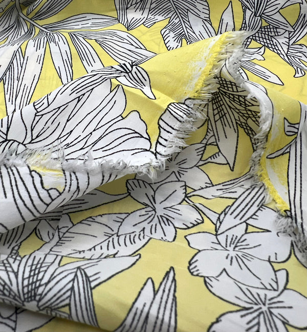 Yellow White Floral Lightweight Crepe Fabric 70GSM Non Stretch