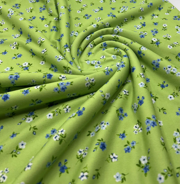 Bright Green Ditsy Floral Print Spun Poly Stretch Fabric