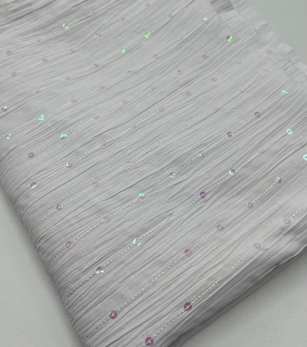 White Sequin Crinkled Lightweight Non Stretch Fabric