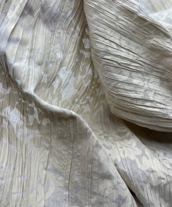 Beige Floral Crinkled Lightweight Non Stretch Woven Fabric