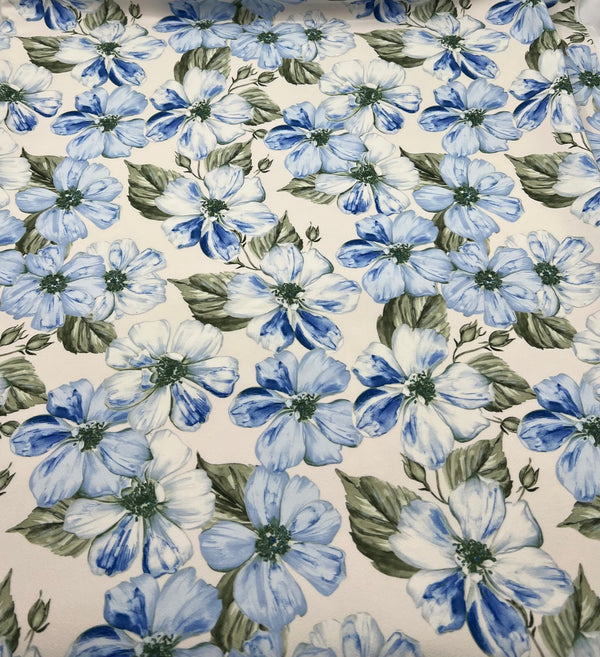 Ivory Blue Floral Compact Crepe Fabric 2 Way Stretch