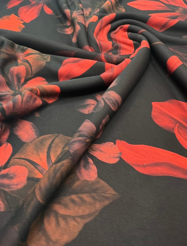 Black Bright Red Floral Print ITY Fabric 2 Way Stretch