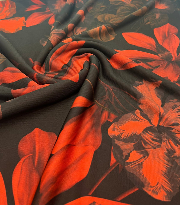 Black Bright Red Floral Print ITY Fabric 2 Way Stretch