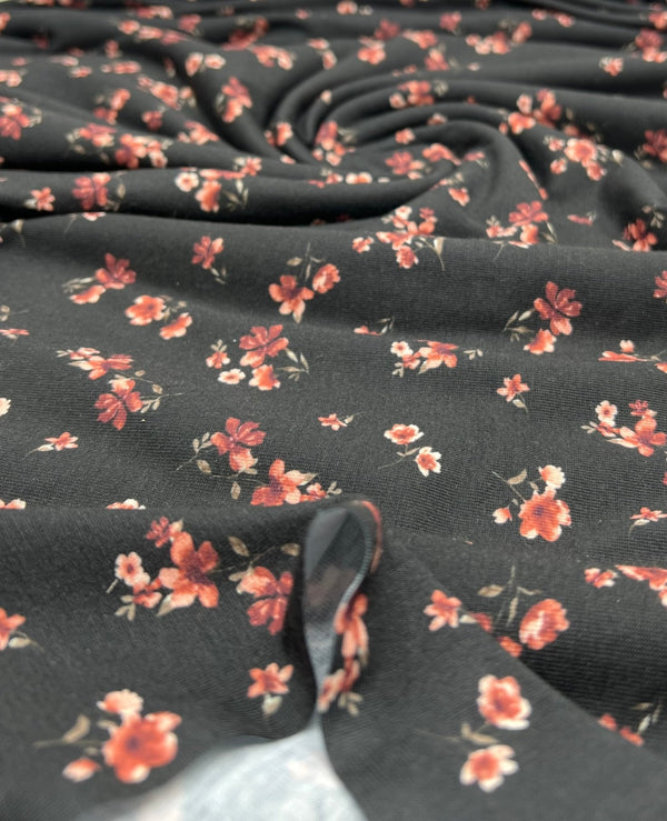 Black Ditsy Floral Rose Print Spun Poly Stretch Fabric