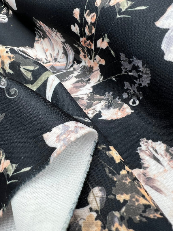 Black Floral Printed Plain Scuba 4 Way Stretch Jersey Fabric