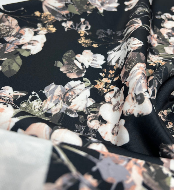 Black Floral Printed Plain Scuba 4 Way Stretch Jersey Fabric