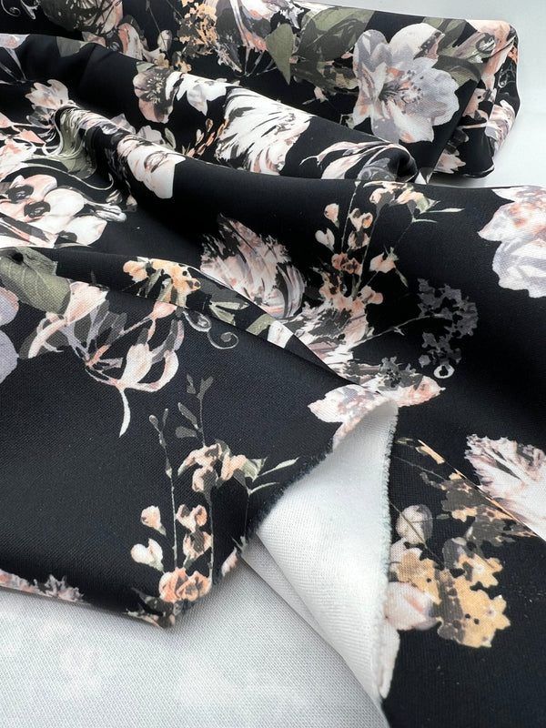 Black Floral Printed Plain Scuba 4 Way Stretch Jersey Fabric