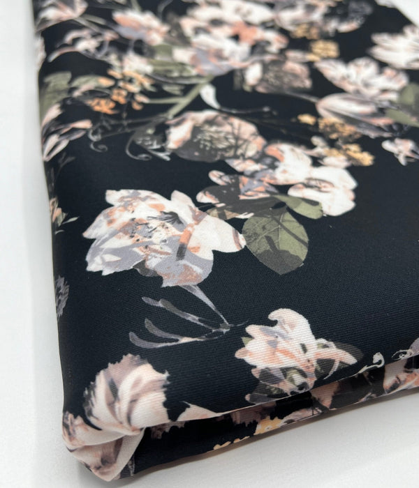 Black Floral Printed Plain Scuba 4 Way Stretch Jersey Fabric