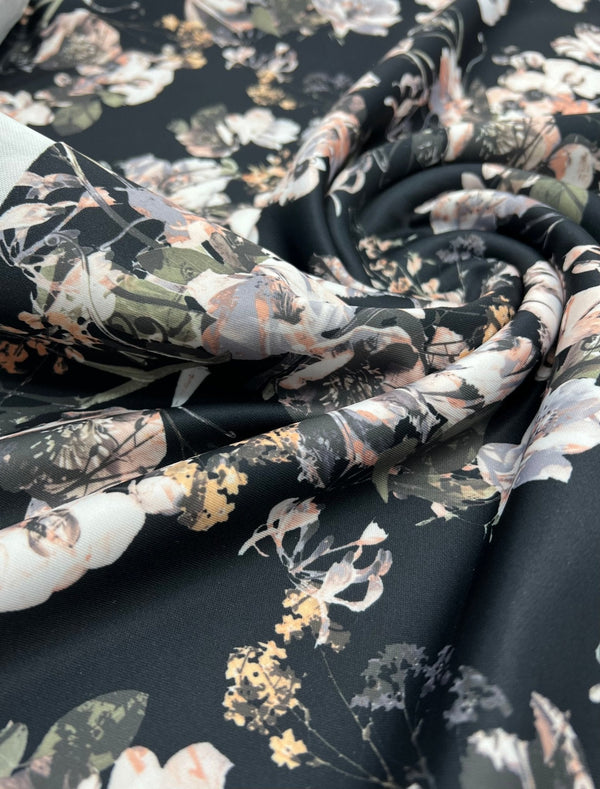 Black Floral Printed Plain Scuba 4 Way Stretch Jersey Fabric