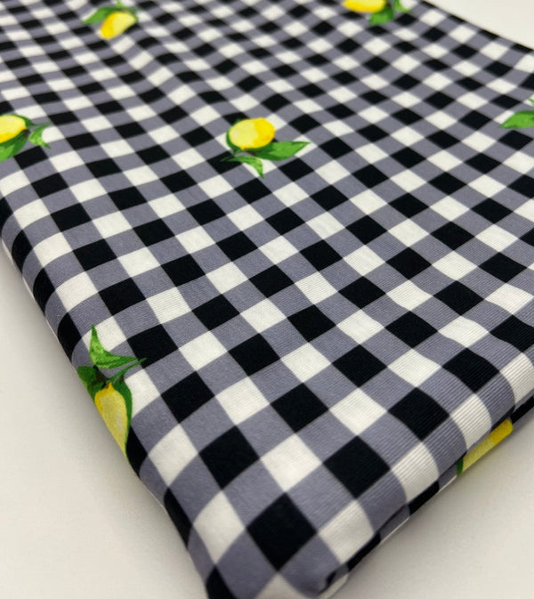 Black Gingham Lemon Print Soft Spun Poly Stretch Fabric