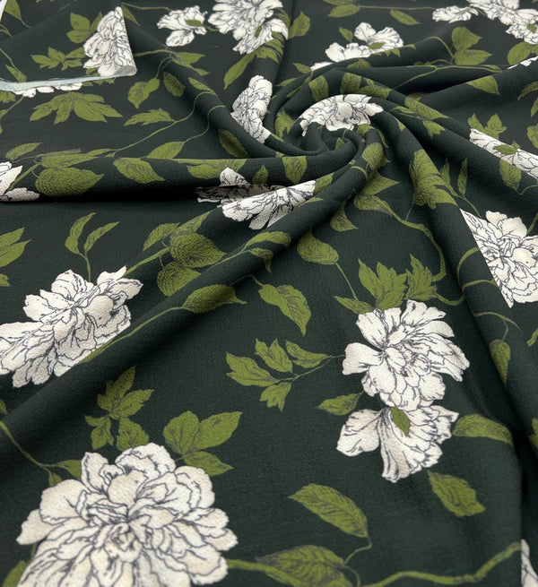 Black Green Floral Print Lightweight Bubble Crepe Fabric