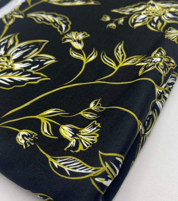 Black Green Gold Floral Print Spun Poly Stretch Fabric
