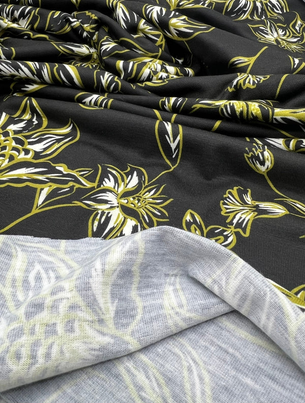 Black Green Gold Floral Print Spun Poly Stretch Fabric
