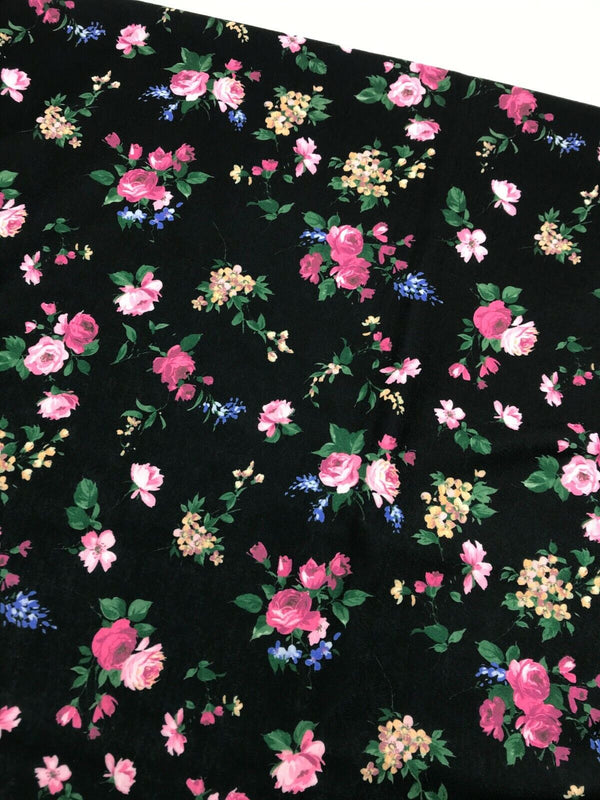 Black & Pink Rose Floral Print Spun Poly Stretch Fabric