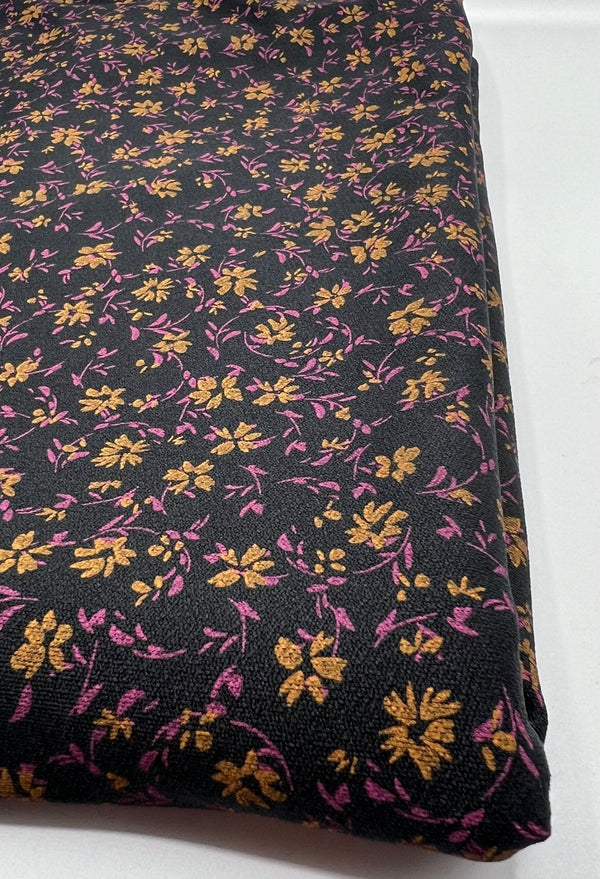 Black Purple Floral Print Lightweight Crepe Fabric 4 Way Stretch