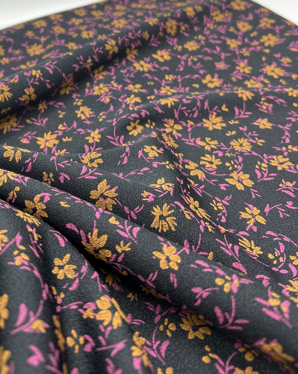 Black Purple Floral Print Lightweight Crepe Fabric 4 Way Stretch