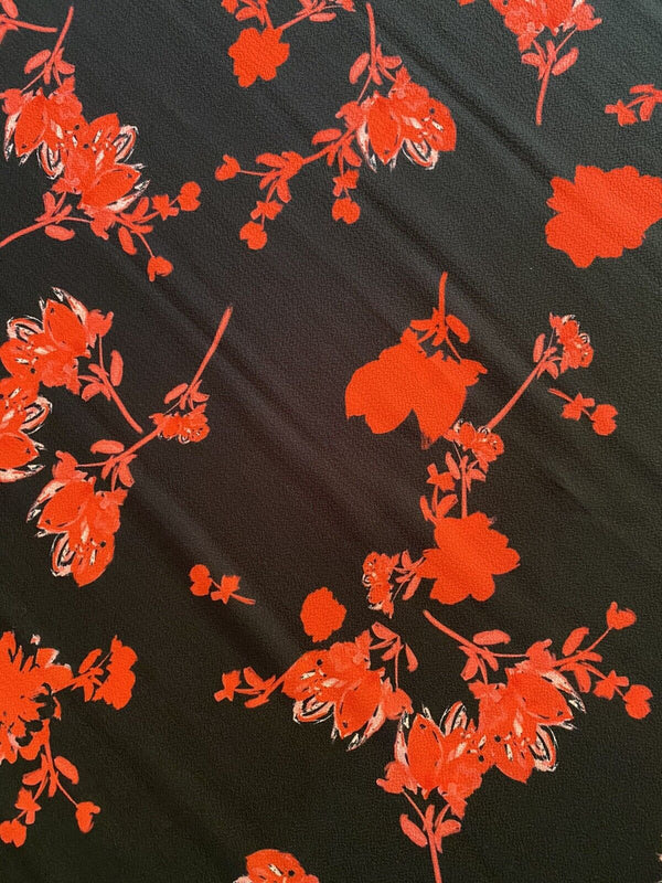 Black Red Floral Print Lightweight Bubble Crepe Non Stretch Fabric
