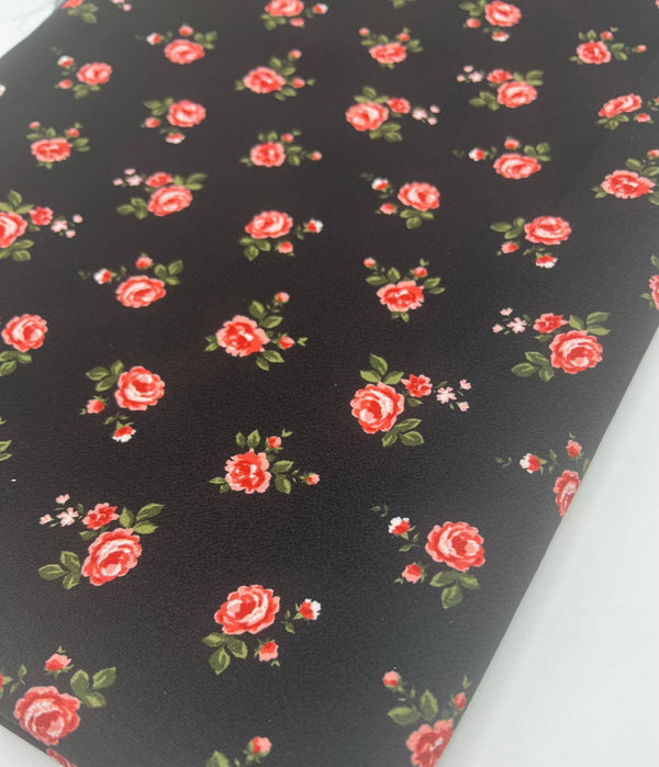 Black Rose Print Lightweight Bubble Crepe Fabric