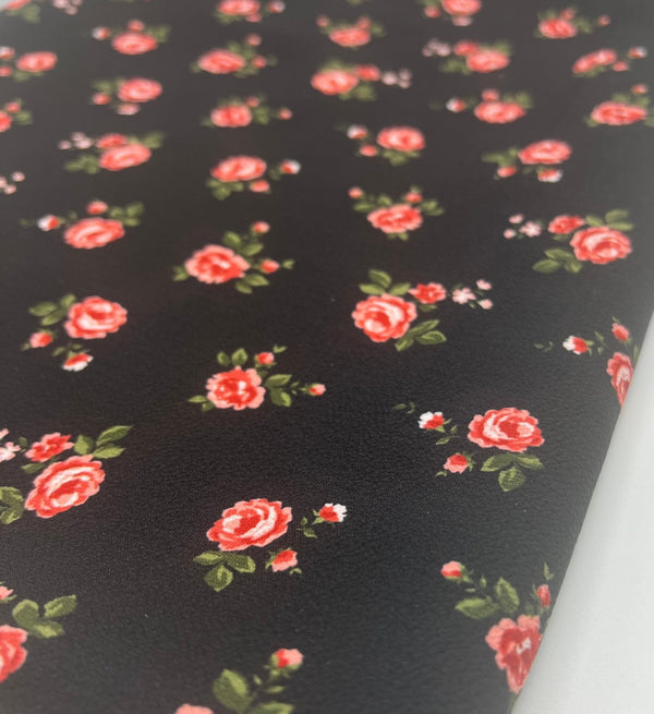 Black Rose Print Lightweight Bubble Crepe Fabric
