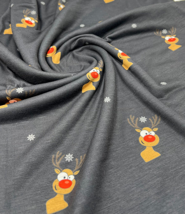 Black Rudolph Print Soft Spun Poly Stretch Fabric