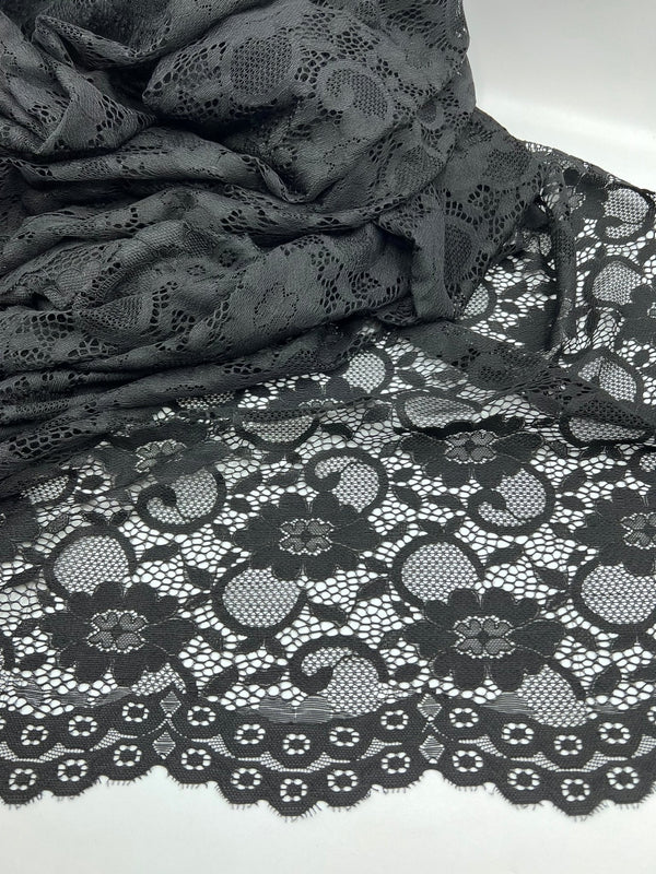 Black Scalloped Edge Floral Lace Fabric Stretch