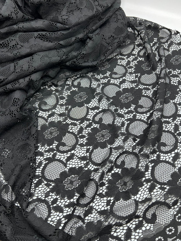 Black Scalloped Edge Floral Lace Fabric Stretch