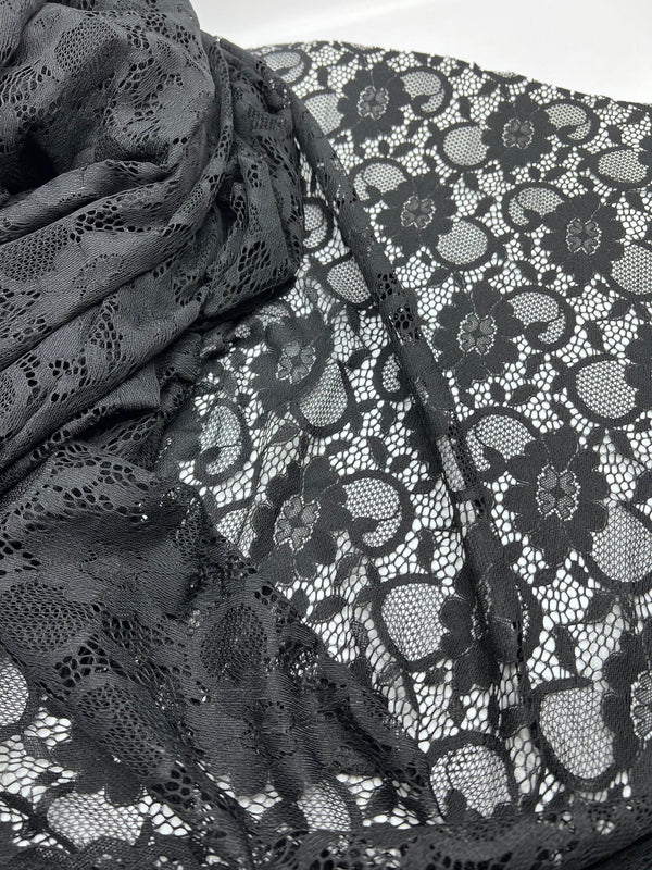 Black Scalloped Edge Floral Lace Fabric Stretch