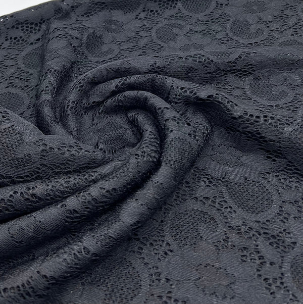 Black Scalloped Edge Floral Lace Fabric Stretch