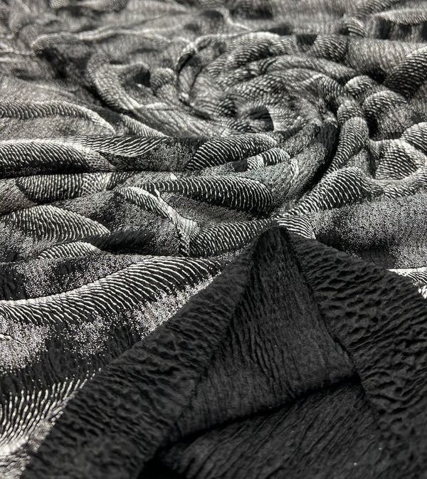 Black Silver Patterned Textured Tree Bark Stretch Dress Craft Fabric