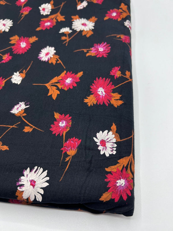 Black White Brown Floral Print Viscose Elastane Fabric