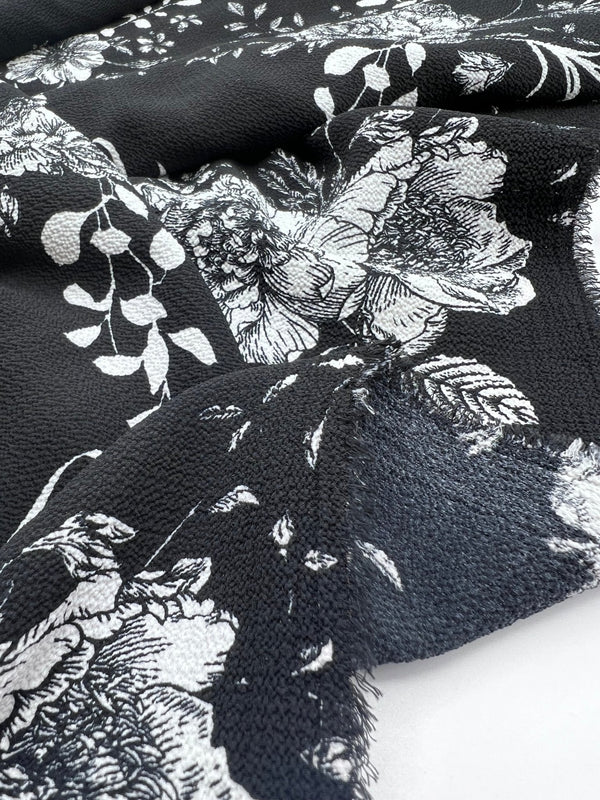 Black White Floral Print Lightweight Bubble Crepe Fabric